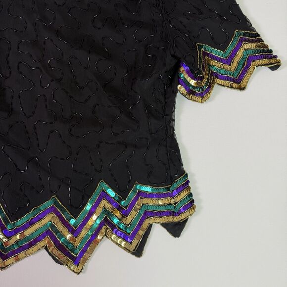 Vintage Scala Silk Beaded Sequin Top Petite Medium Art Deco Glam Flawed Zipper - Picture 1 of 15